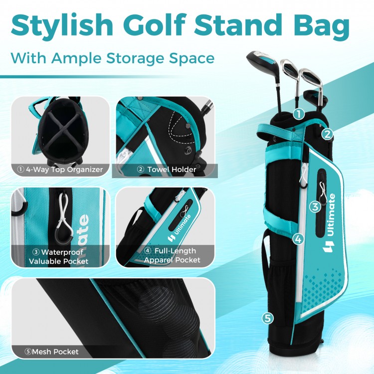 Junior golf stand bag in blue with 4-way top organizer and multiple pockets, designed for kids aged 8-10 years.
