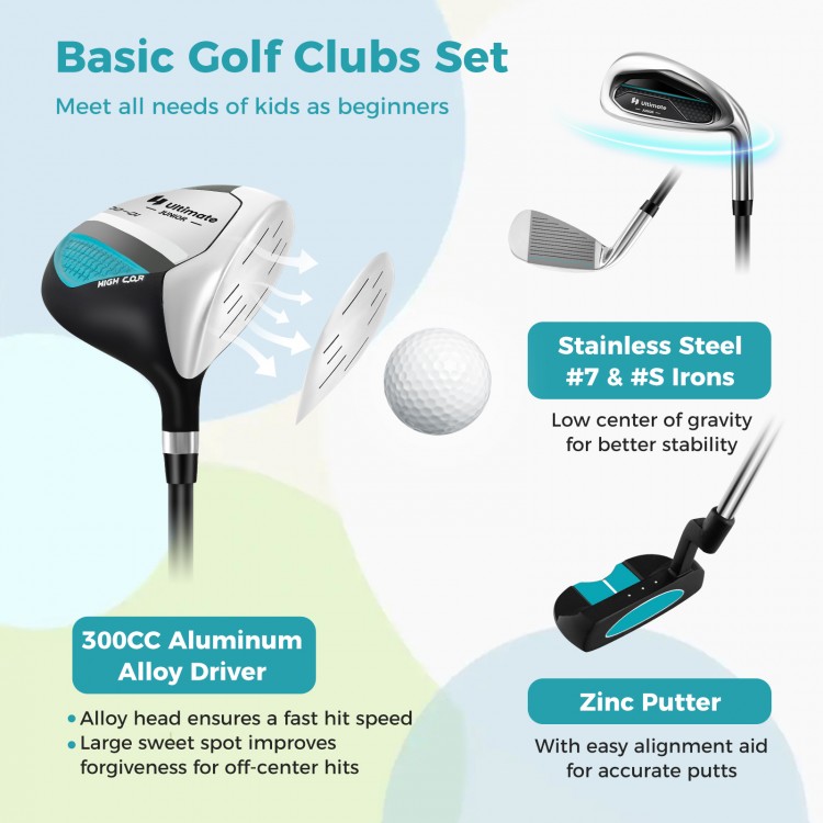 Junior complete golf club set for kids, featuring a lightweight stand bag, #1 driver, #7 and #S irons, and a zinc.