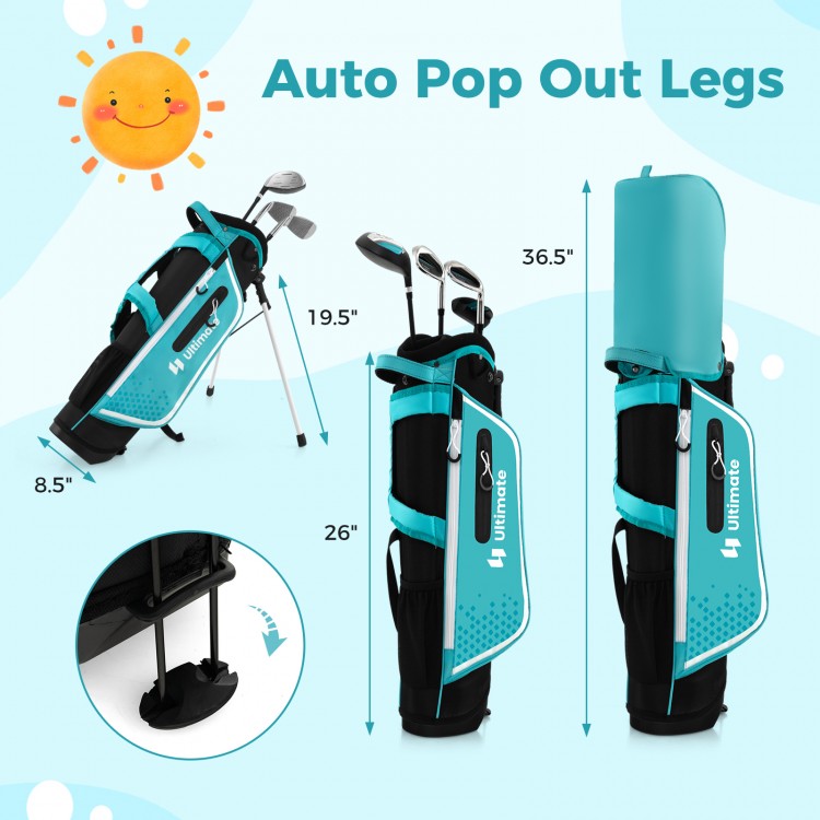 Junior complete golf club set for kids with auto pop out legs, rain hood, and adjustable padded straps in blue.
