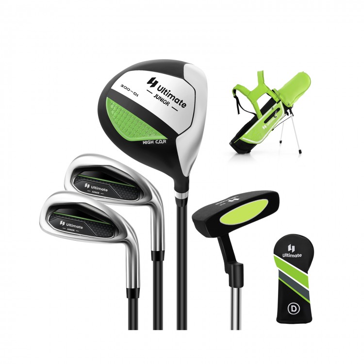 Junior complete golf club set for kids aged 8-10, featuring a driver, irons, putter, and a lightweight stand bag in.