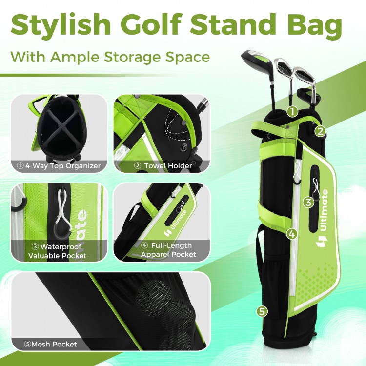 Junior golf stand bag in green with 4-way top organizer, multiple pockets, and adjustable padded straps for kids aged.
