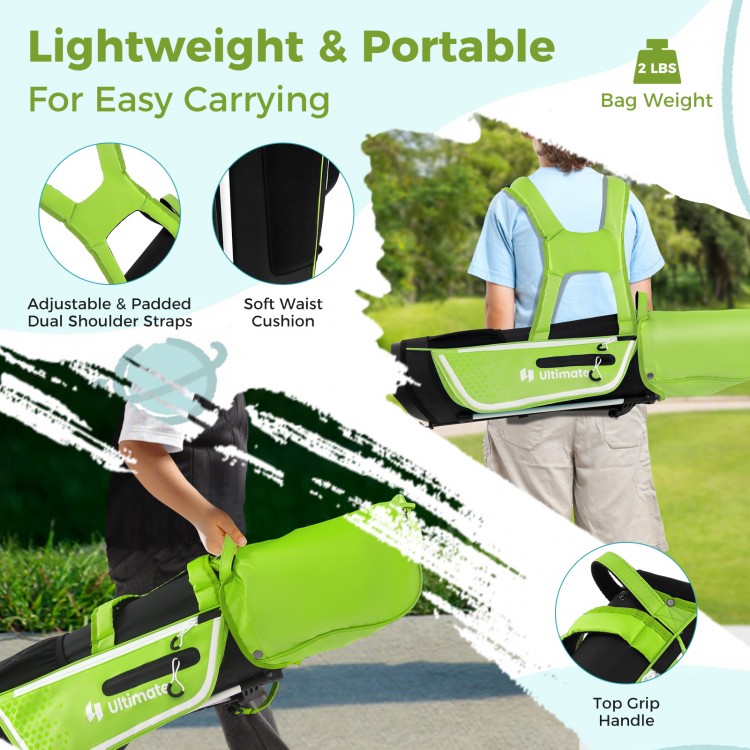 Junior golf club set for kids age 8-10, featuring a lightweight stand bag with adjustable padded straps and soft waist.