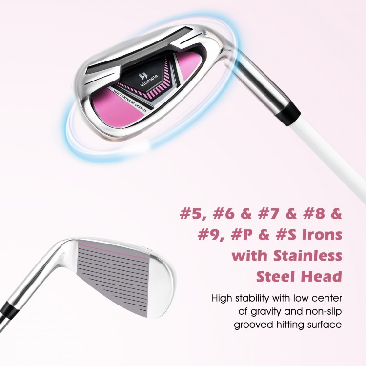 Women's golf club set featuring stainless steel #5 to #S irons, designed for stability and accuracy on the course.