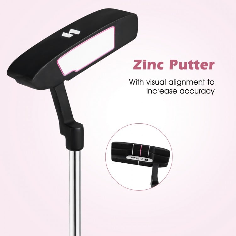 Women's golf putter with visual alignment for increased accuracy, part of a complete pink club set for right-hand.
