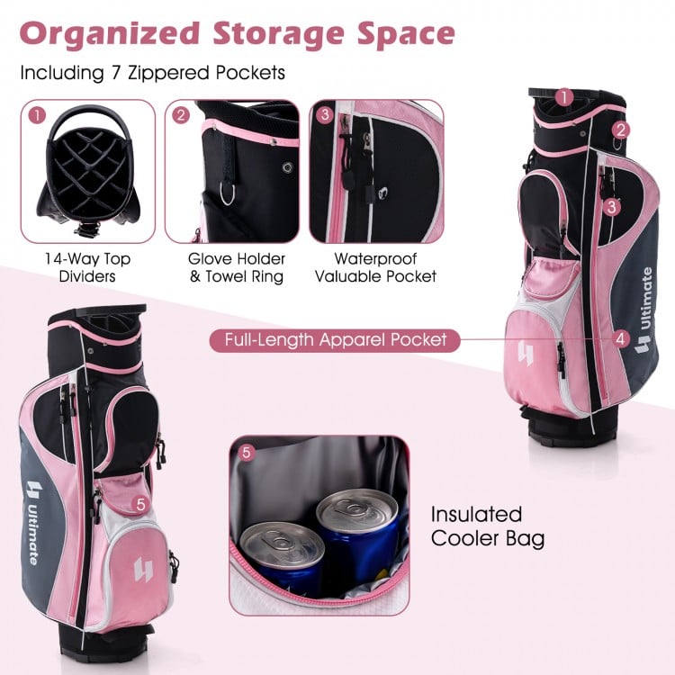 Women's golf club set in pink featuring a 14-way top organizer, insulated cooler bag, and multiple storage pockets.
