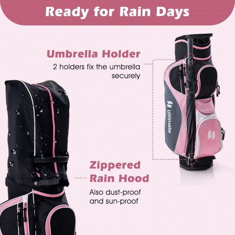 Women's golf club set in pink with zippered rain hood and umbrella holders for secure protection on rainy days.