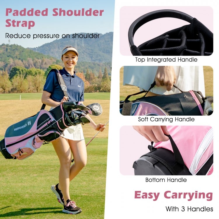 Women's golf club set in pink with padded shoulder strap, top handle, and multiple pockets for easy carrying on the.