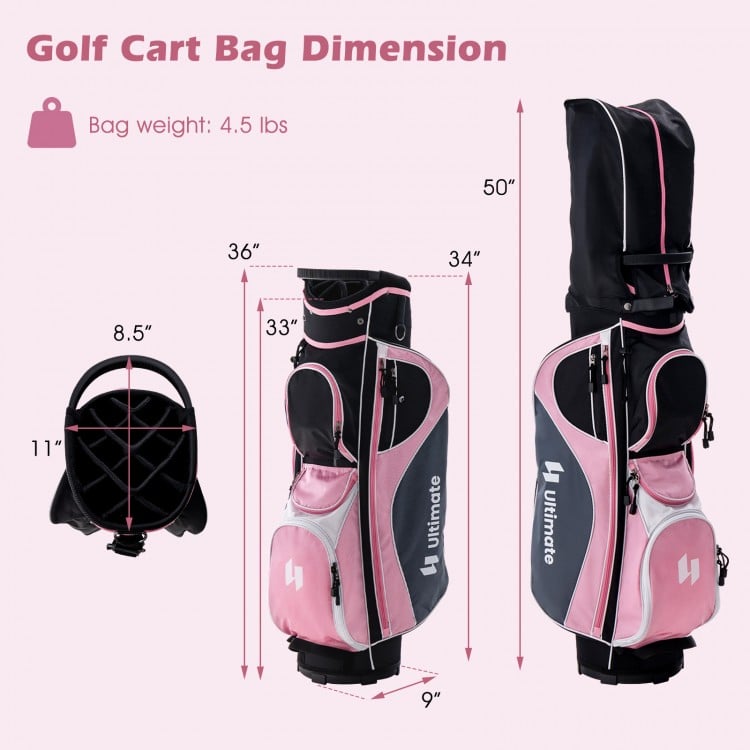 Women's golf cart bag in pink with 14-way organizer, multiple pockets, and insulated cooler for on-course convenience.