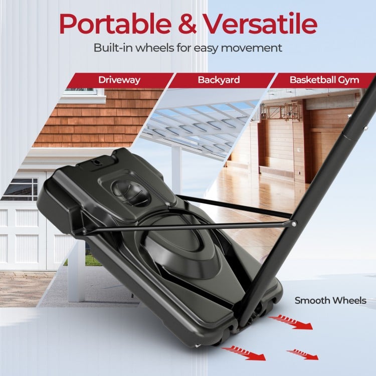 Portable basketball hoop with adjustable height, built-in wheels for easy movement, and shatterproof 44" backboard.