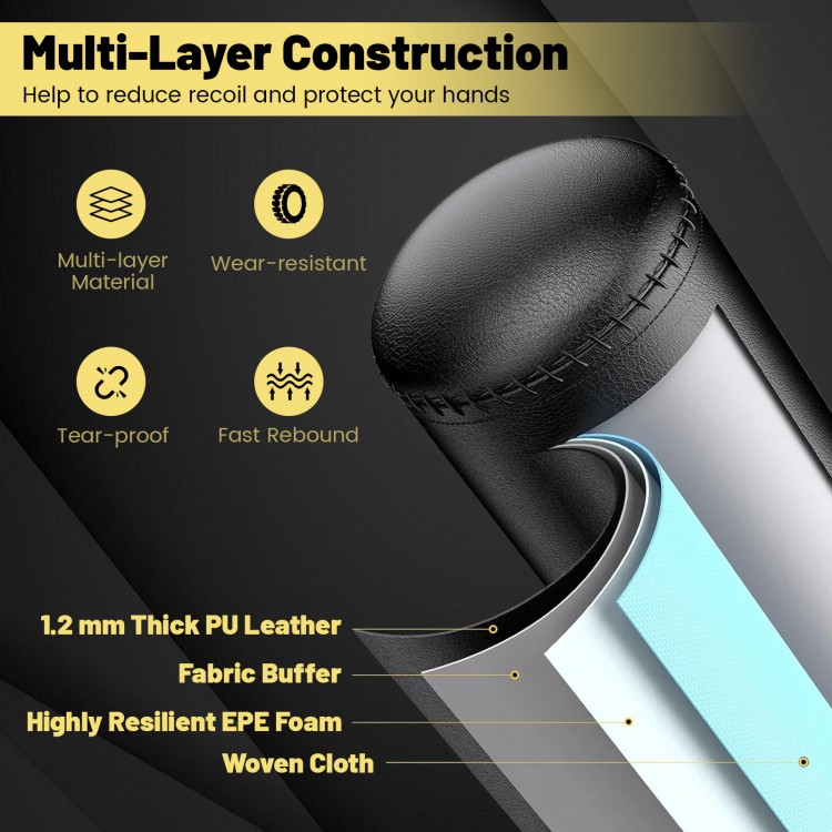 Freestanding punching bag detail showing multi-layer construction with wear-resistant PU leather and resilient foam for.