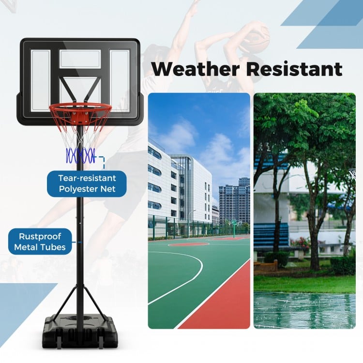 Portable basketball hoop with adjustable height, 44" shatter-resistant backboard, and weather-resistant features for.