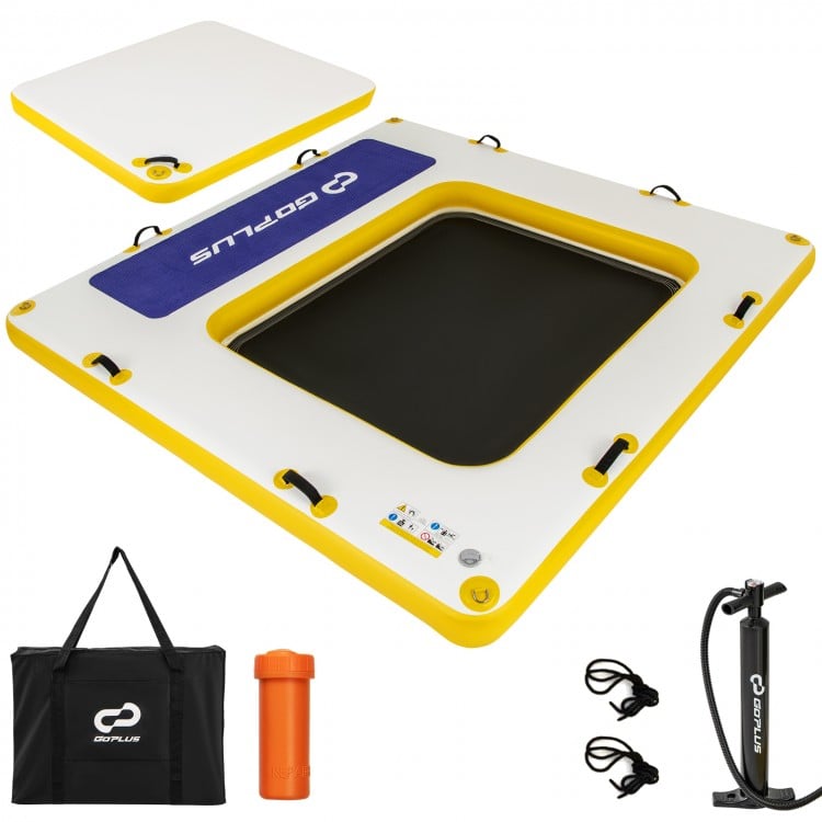Inflatable dock platform measuring 8 ft x 8 ft with waterproof PVC, designed for lounging, fishing, and sunbathing.
