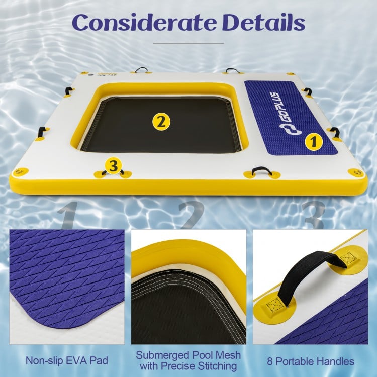 Inflatable dock platform detail showing non-slip EVA pad, portable handles, and precise stitching for water fun.