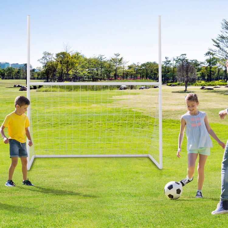 Children playing soccer with a 2 in 1 all-weather football goal in a park, featuring sturdy UPVC pipes and a durable.