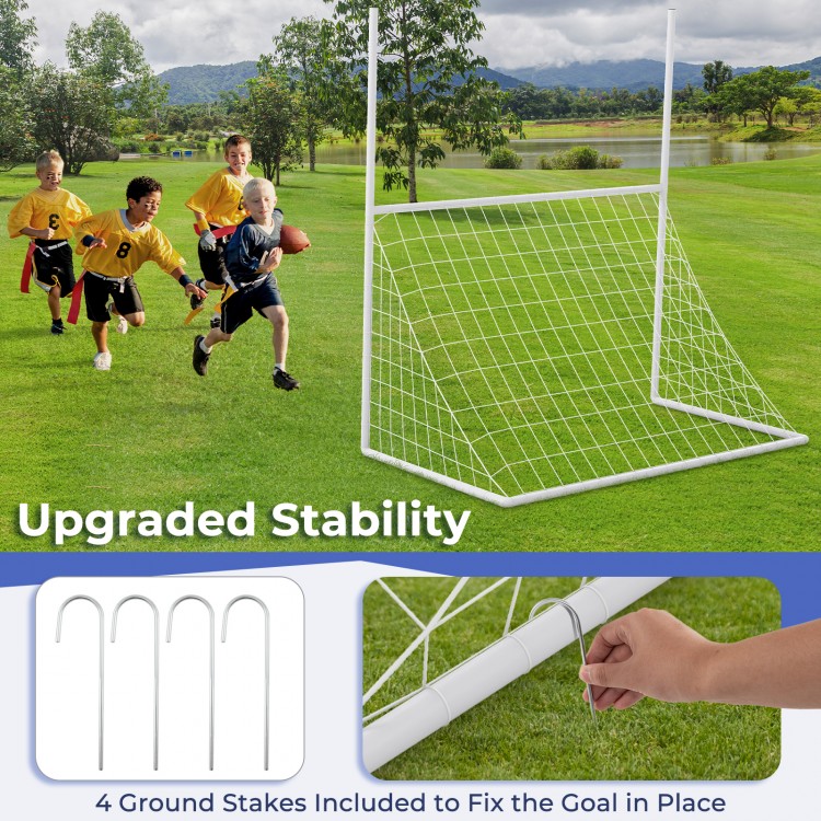 2 in 1 all-weather football training goal with upgraded stability, featuring sturdy UPVC pipes and 4 ground stakes for.