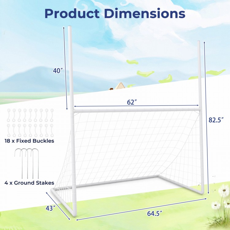 Football training goal dimensions showing sturdy UPVC pipes, 4 ground stakes, and anti-tearing net for outdoor use.