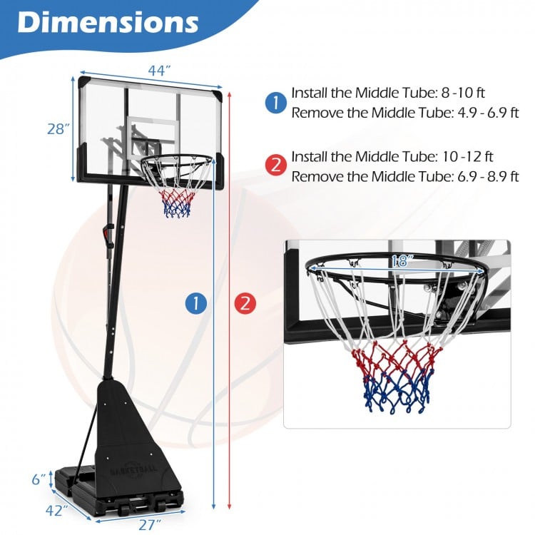 Dimension chart for height adjustable portable basketball hoop, showcasing installation options and height ranges for.
