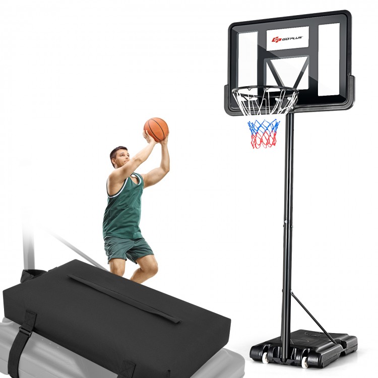 Basketball hoop sandbag made of weather-proof fabric, holds 300 lbs, featuring adjustable buckles for stability.