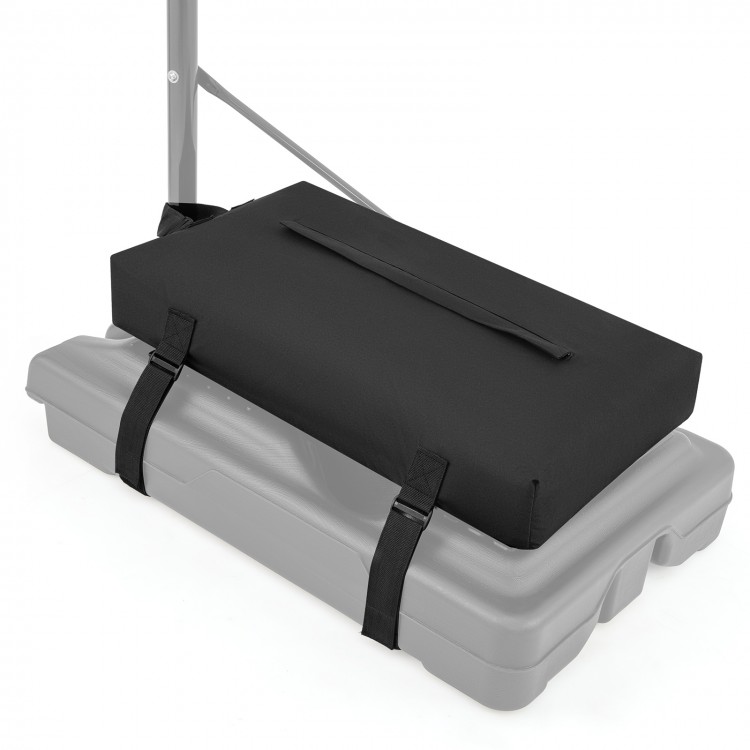 Black sandbag for basketball hoop base, made of weather-proof oxford fabric, holds up to 300 lbs for stability.