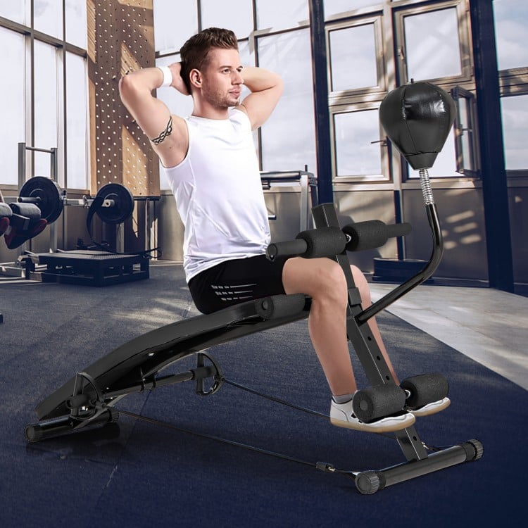 Adjustable decline sit-up bench side view, showcasing high-density foam cushion and sturdy metal structure for home.