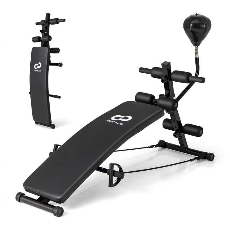 Adjustable decline sit-up bench with speed ball and resistance bands for effective home gym workouts.