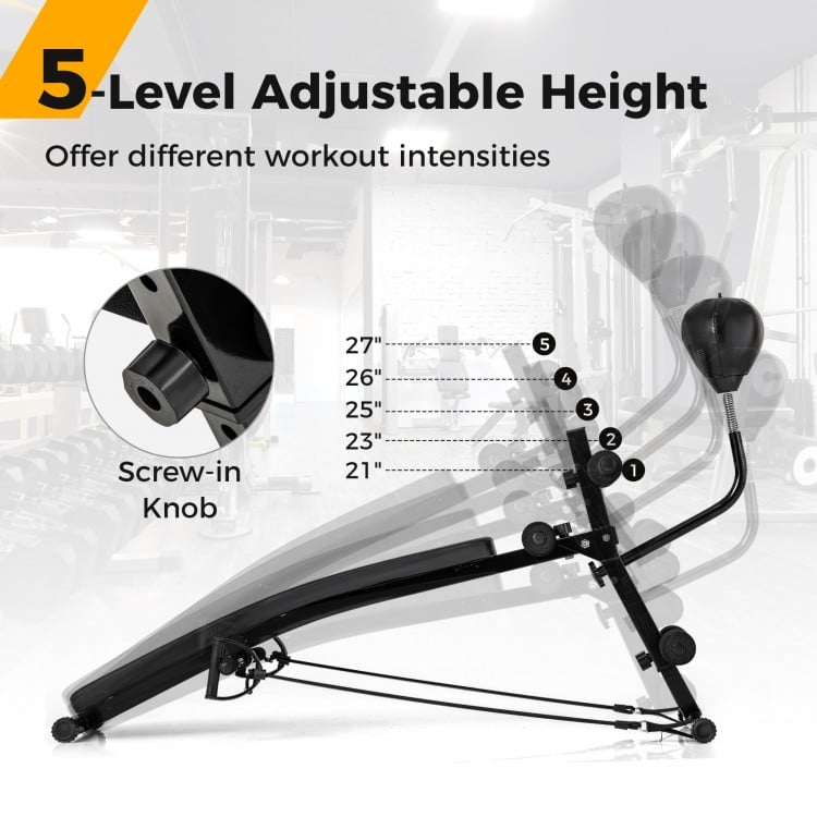 Adjustable decline sit-up bench with 5-level height adjustment and speed ball, ideal for home gym workouts.