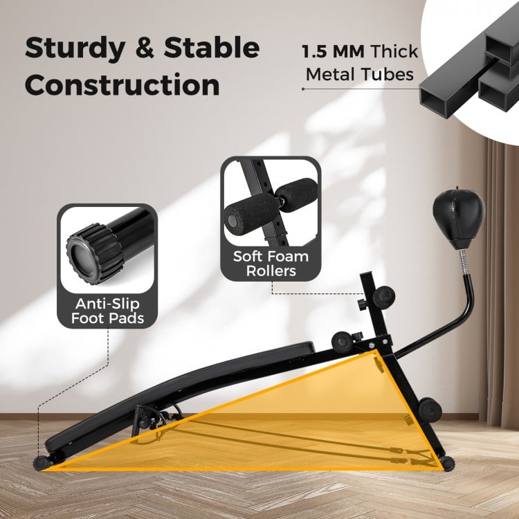 Adjustable decline sit-up bench with speed ball, 5-level height adjustment, and anti-slip foot pads for home gym.