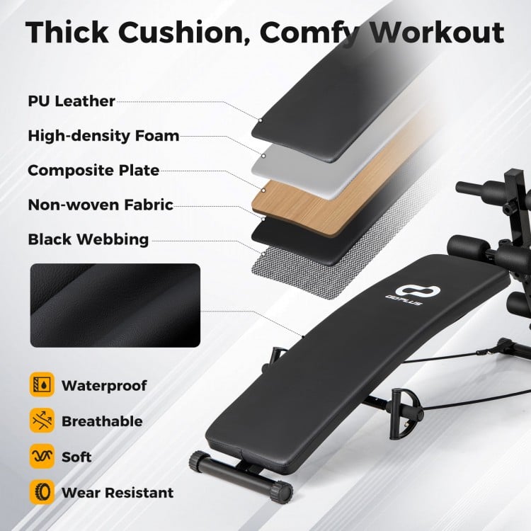 Adjustable decline sit-up bench with thick foam cushion, waterproof PU leather, and included speed ball for home gym.