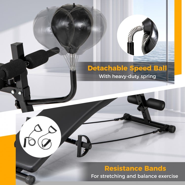 Adjustable decline sit-up bench featuring a detachable speed ball and resistance bands for versatile home workouts.