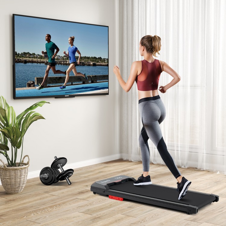 Under desk treadmill in black with LED display, remote control, and a 2.5HP motor for walking and jogging workouts.
