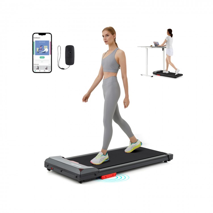 Under desk treadmill with remote control and LED display, featuring a 2.5HP motor and 340 lbs capacity for walking and.