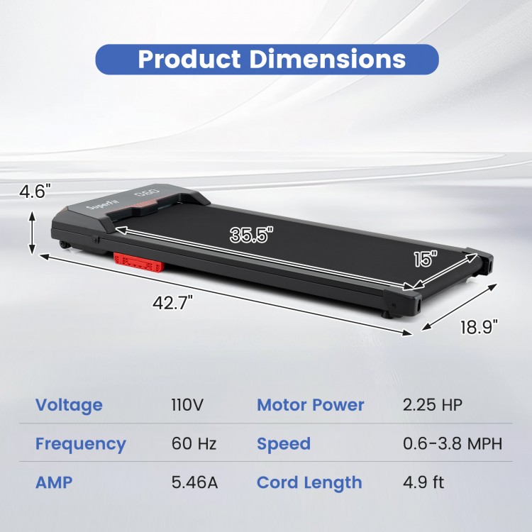Dimensions of the 2.5HP under desk treadmill showing 4.6" height, 15" width, and 42.7" length for easy storage.