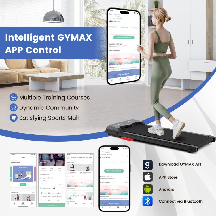 Under desk treadmill with LED display, 2.5HP motor, remote control, and Bluetooth app connection for versatile workouts.