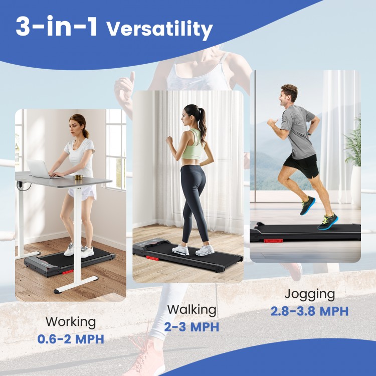 Under desk treadmill showcasing 3-in-1 versatility for working, walking, and jogging with adjustable speeds up to 3.8.