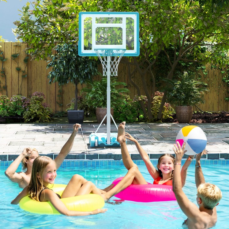 Poolside basketball hoop with adjustable height, shatterproof backboard, and sturdy base, perfect for pool fun.