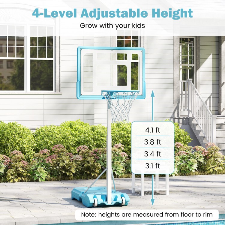 Adjustable height pool basketball hoop with shatterproof backboard, suitable for indoor and outdoor play.