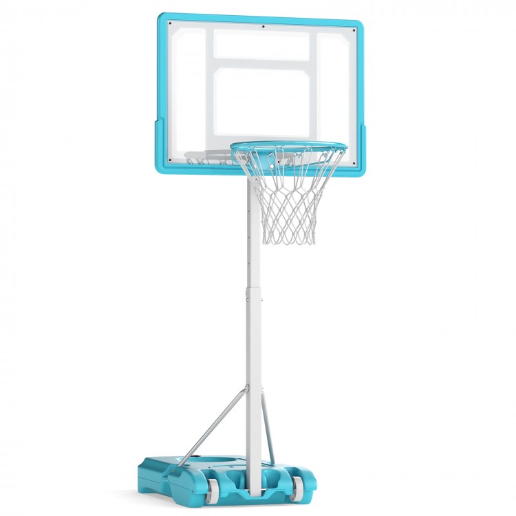 Pool basketball hoop with shatterproof backboard, adjustable height, and sturdy base, perfect for poolside fun.