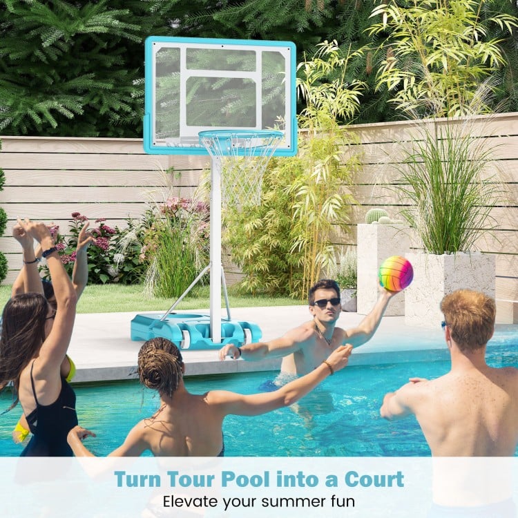 Poolside basketball hoop with shatterproof backboard, adjustable height, and sturdy base for summer fun by the pool.
