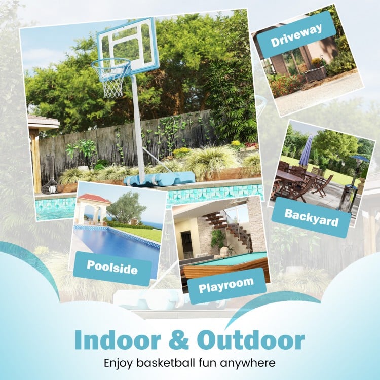 Portable basketball hoop with shatterproof backboard, adjustable height, suitable for poolside and backyard fun.