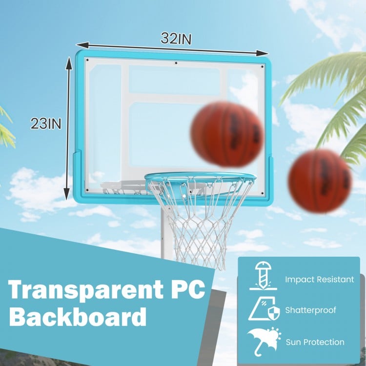 Transparent PC backboard basketball hoop with adjustable height, ideal for poolside and backyard play.