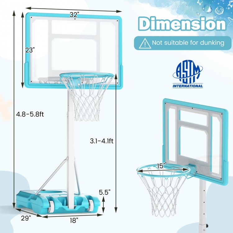 Poolside portable basketball hoop with adjustable height, shatterproof backboard, and sturdy base for versatile play.