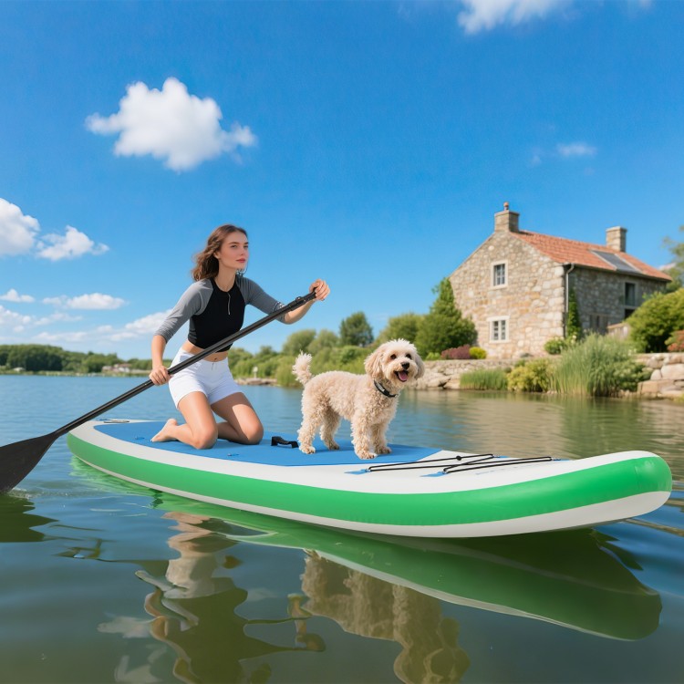 Inflatable 11 feet stand up paddle board with a non-slip deck, center fin, and a paddler enjoying a lake with a dog.
