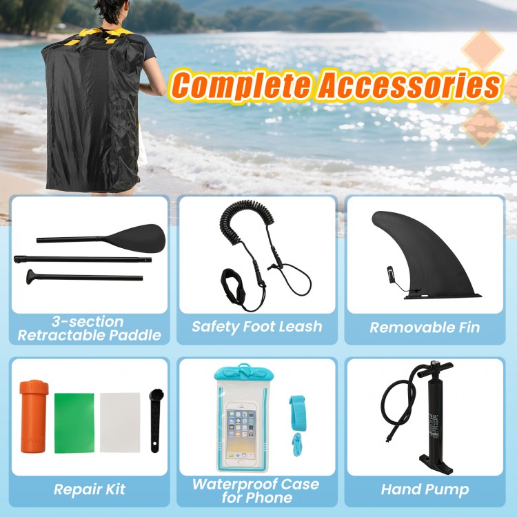 Complete accessory set for 11 Feet Premium SUP, including paddle, safety leash, removable fin, and repair kit.