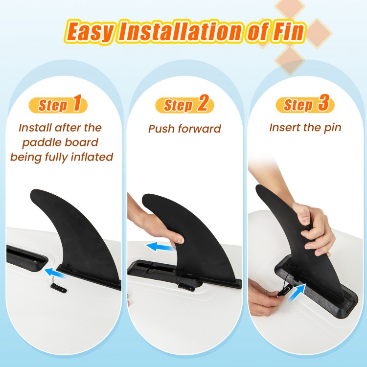 Installation steps for the removable fin on the 11 Feet Premium SUP Inflatable Stand Up Paddle Board.