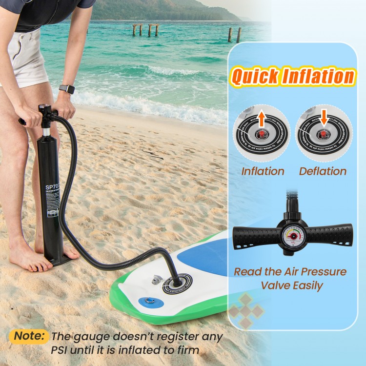 Dual action hand pump for quick inflation of the 11 Feet Premium SUP Inflatable Stand Up Paddle Board with gauge.