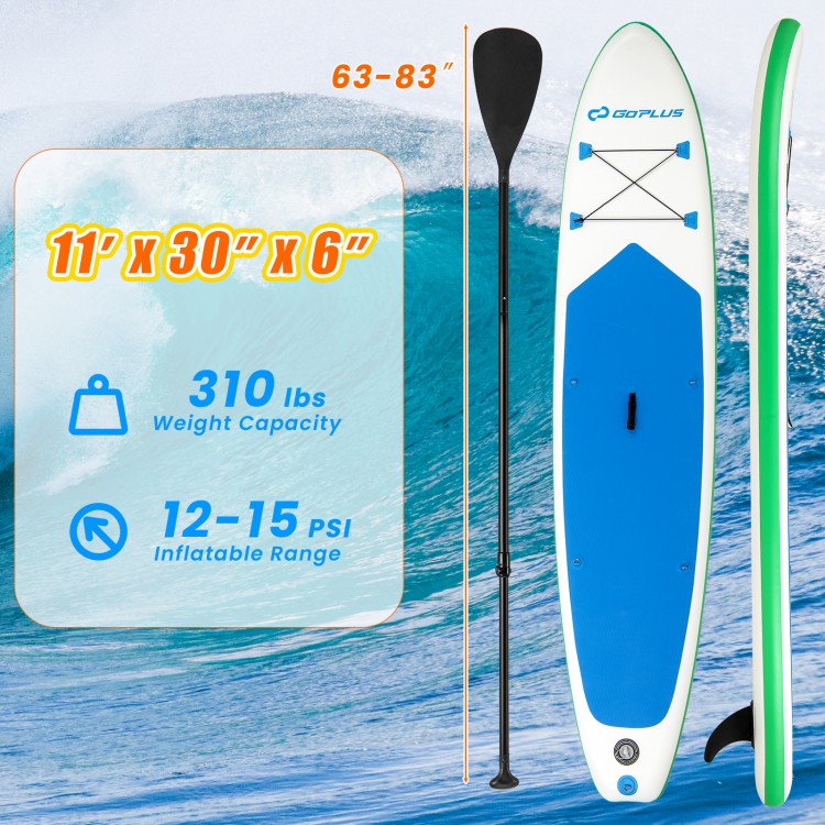 11-foot inflatable stand up paddle board with blue design, 310 lbs capacity, and included paddle for easy surfing.