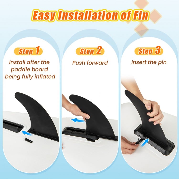 Easy installation steps for the removable fin on the 11 Feet Premium SUP Inflatable Stand Up Paddle Board.