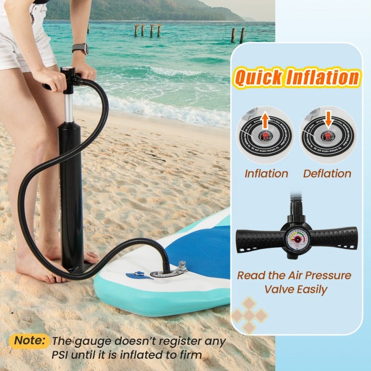 Dual action hand pump for quick inflation of the 11 Feet Premium SUP Inflatable Stand Up Paddle Board with gauge.