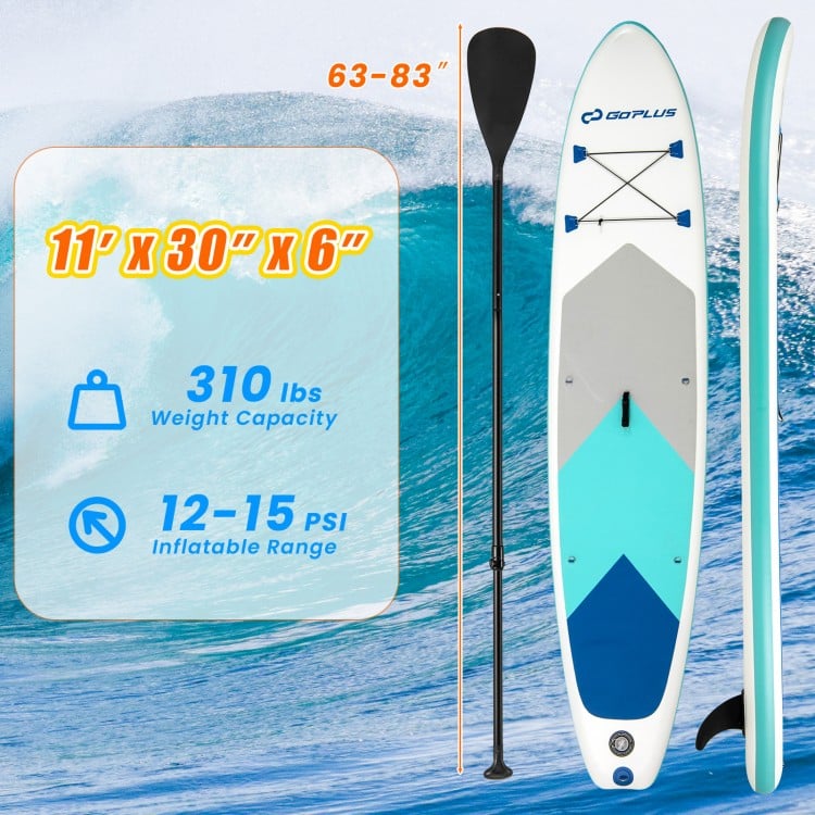 11-foot inflatable stand up paddle board with a non-slip deck, 310 lbs capacity, and removable fin for easy control.