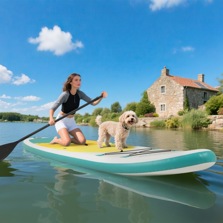 A girl paddles on an 11-foot inflatable stand-up paddle board with a dog, showcasing its stability and non-slip deck.